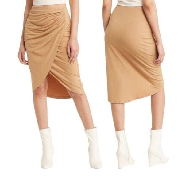 Open Edit Ruched Tulip Hem Skirt Tan Size Large NWOT $59 MSRP - Picture 1 of 4